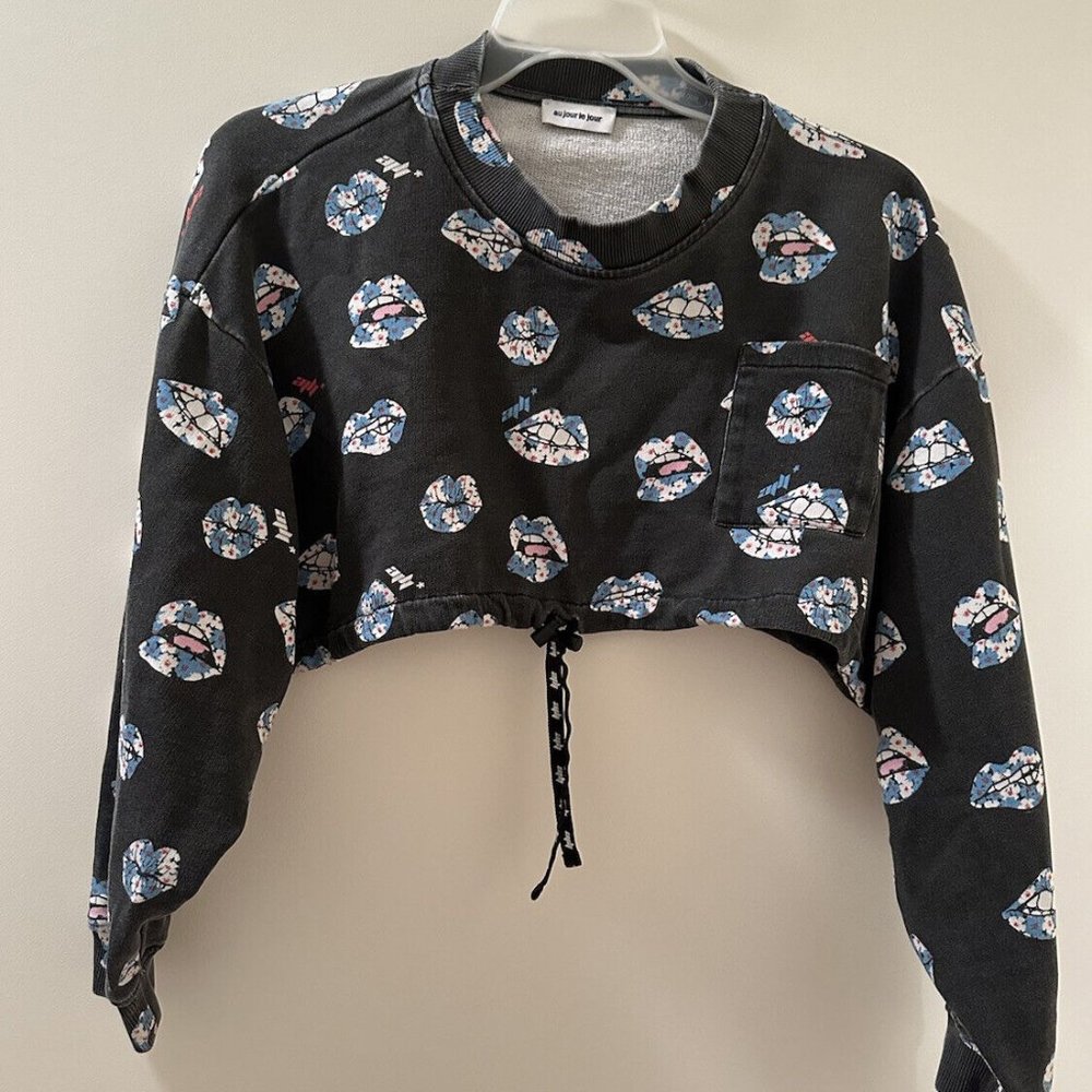Au Jour Le Jour Black Cropped Drawstring Sweatshirt with Blue & Pink Lip Print